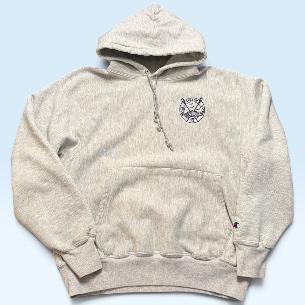 Champion Reverse Weave Hoodie Sweatshirt Mens Medium Gray Avalon Beach Patrol NJ